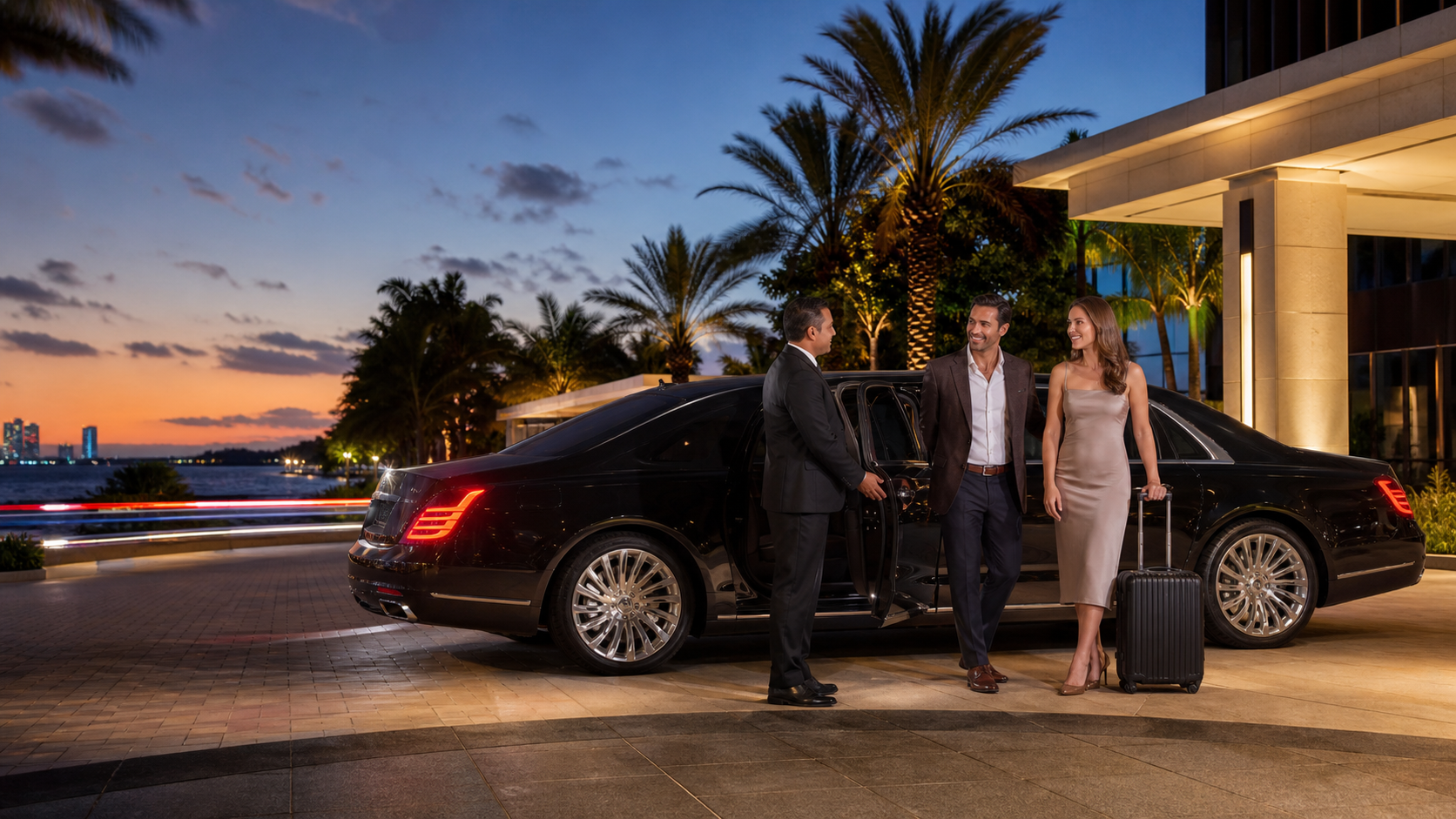 Happy couple arriving with Courtesy Car Service at a Florida waterfront destination