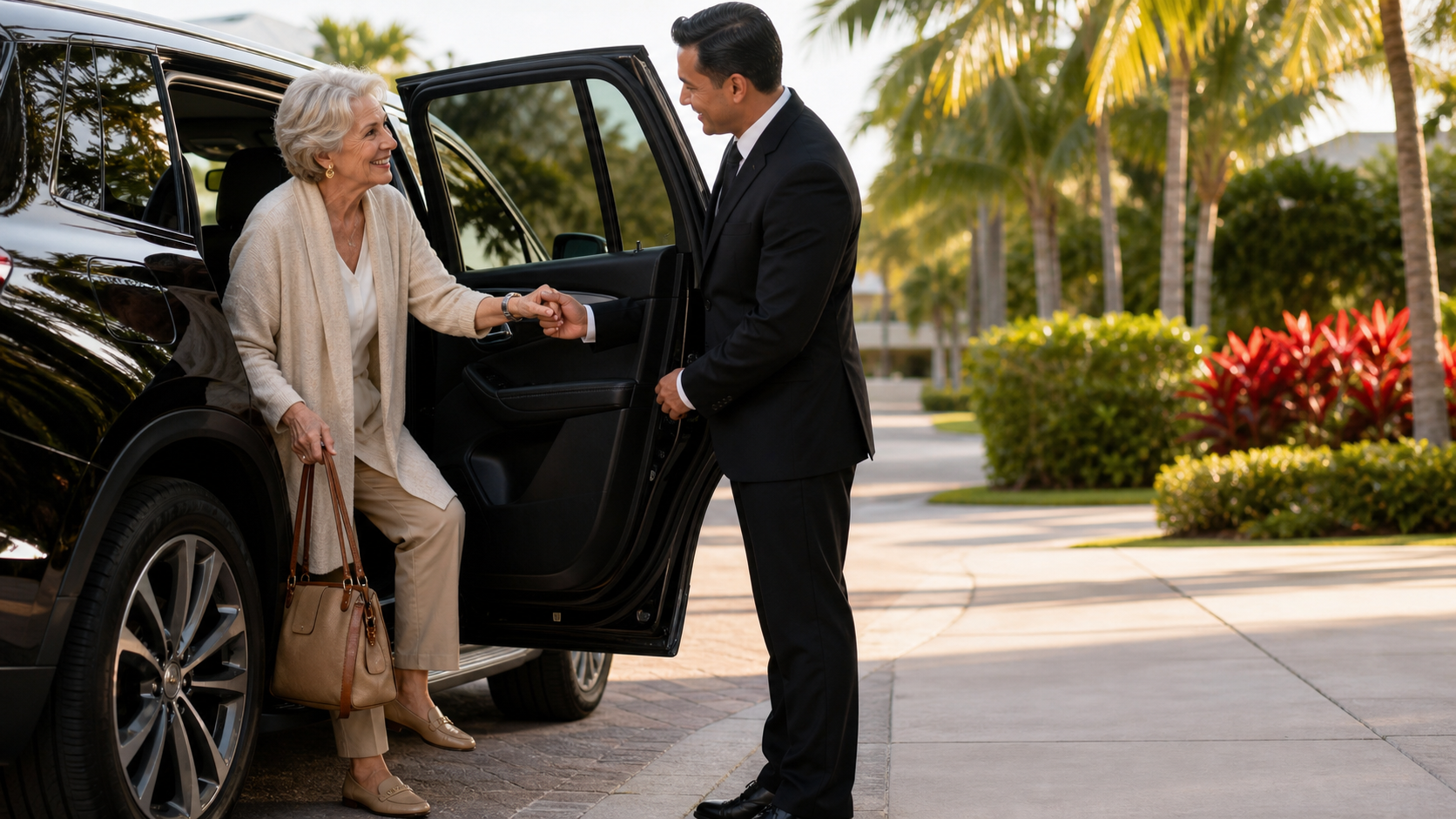 Courtesy chauffeur helping an older rider into a premium black vehicle